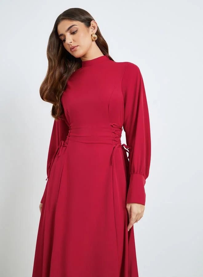 Styli Women Burgundy Waist Tie High Neck Maxi Dress